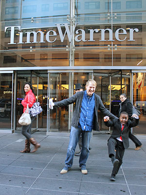 Novak and Montague leave Time Warner’s offices in New York after an appearance on CNN.