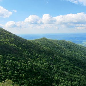 Above, the Appalachian Trail abounds with beautiful scenery like this view of Three Ridges Mountain from Chimney Rock in Virginia.