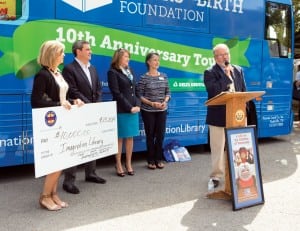 Bret Willis, Duck River Electric Membership Corporation board chairman, right, presents a $10,000 check to the Imagination Library. Joining him are, from left, Sheila Orrell, DREMC director of financial services; Bill LaDuca, CoBank; Tennessee First Lady Crissy Haslam; and Theresa Carl, president of the Governor’s Books from Birth Foundation. The grant will assist the literacy foundations within the seven-county region served by DREMC. Photograph by Robin Conover