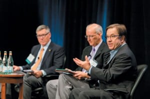 From left, John Novak with the National Rural Electric Cooperative Association, Appalachian Electric Cooperative CEO Greg Williams and John Myers of the Tennessee Valley Authority host a roundtable discussion on the impacts of proposed rules by the Environmental Protection Agency
