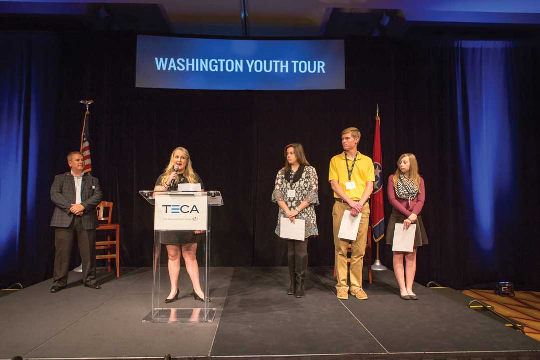 From left, Todd Blocker, Carolina Hatfield, Katelin Bobbitt, Adam Mestach and Desirae Clark take the stage during recognition of the Washington Youth Tour.