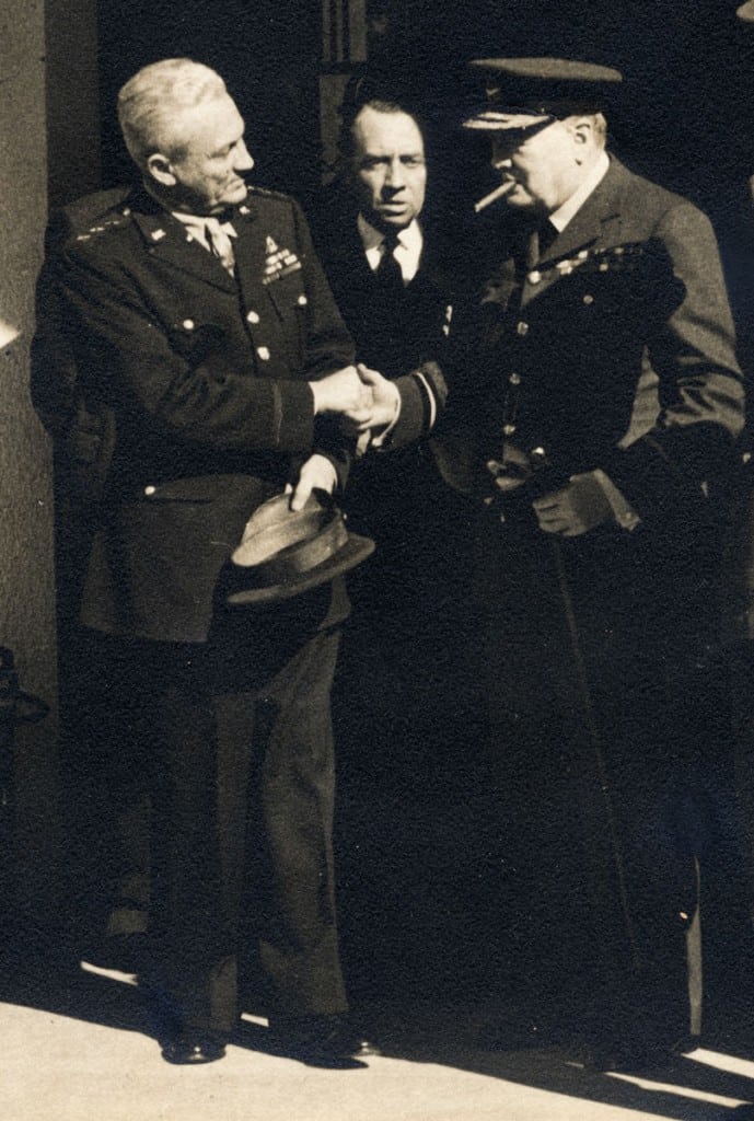 General Frank Maxwell Andrews, left, meets British Prime Minister Winston Churchill, right, at Casablanca in January 1943. (Photograph courtesy of the Andrews family)