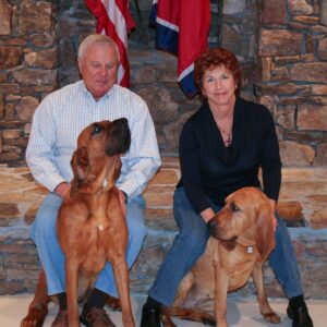 Ron and Linda Pickard enjoy time with Cecil, the sanctuary’s mascot, and Agnes, Cecil’s sidekick.