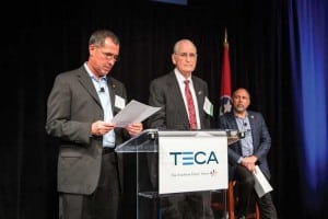 TECA Board President and Gibson EMC General Manager Dan Rodamaker, left, presides over the meeting