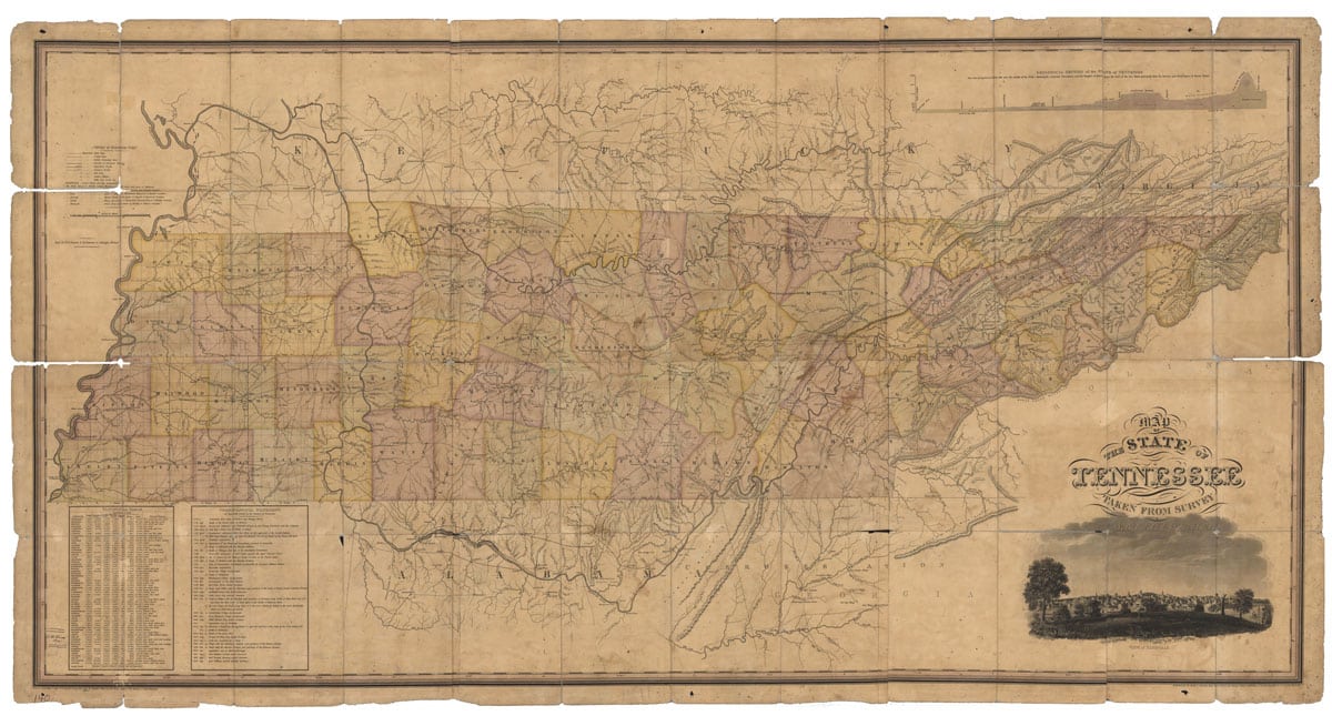 Tennessee has changed a lot since Matthew Rhea produced this map in 1832 showing 62 counties as well as other geographical and economic information