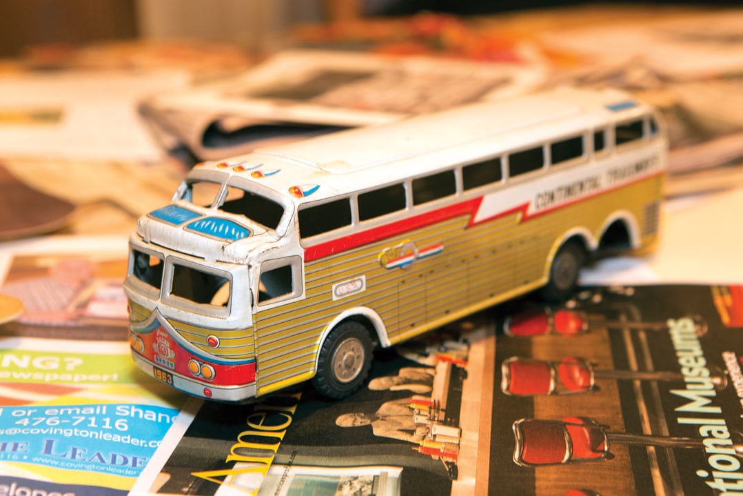 The now-antique Trailways toy bus Ruth has saved since his days as a driver.