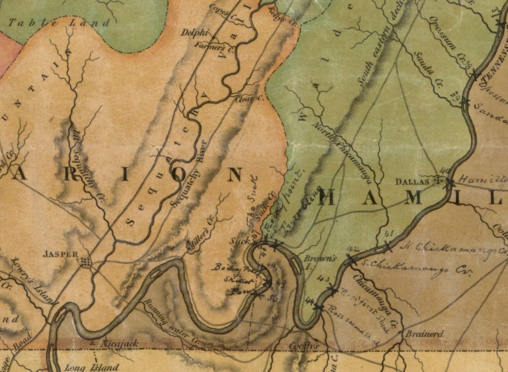 Matthew Rhea’s 1832 Tennessee map includes handwritten notes indicating the locations of obstacles along the Tennessee River, including the Suck and the Boiling Pot. Courtesy of the Tennessee State Library and Archives