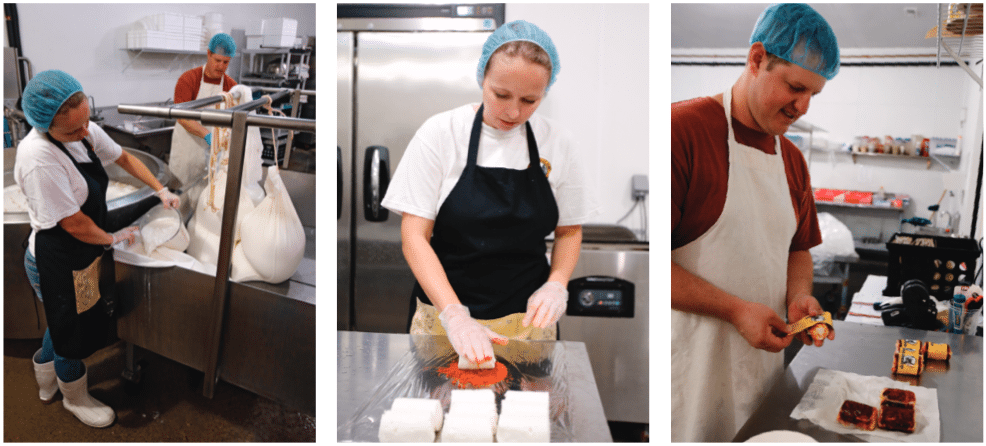 Justyne and Dustin Noble go through some of the steps in making cheese. Above left, they ladle curd into sacks to drain excess whey liquid. After the cheese has been aged and shaped into logs, it’s rolled in spices. Above center, Justyne rolls chevre in their Nashville Hot Chicken spices. At right, Dustin applies labels after the cheese is shrink-wrapped.