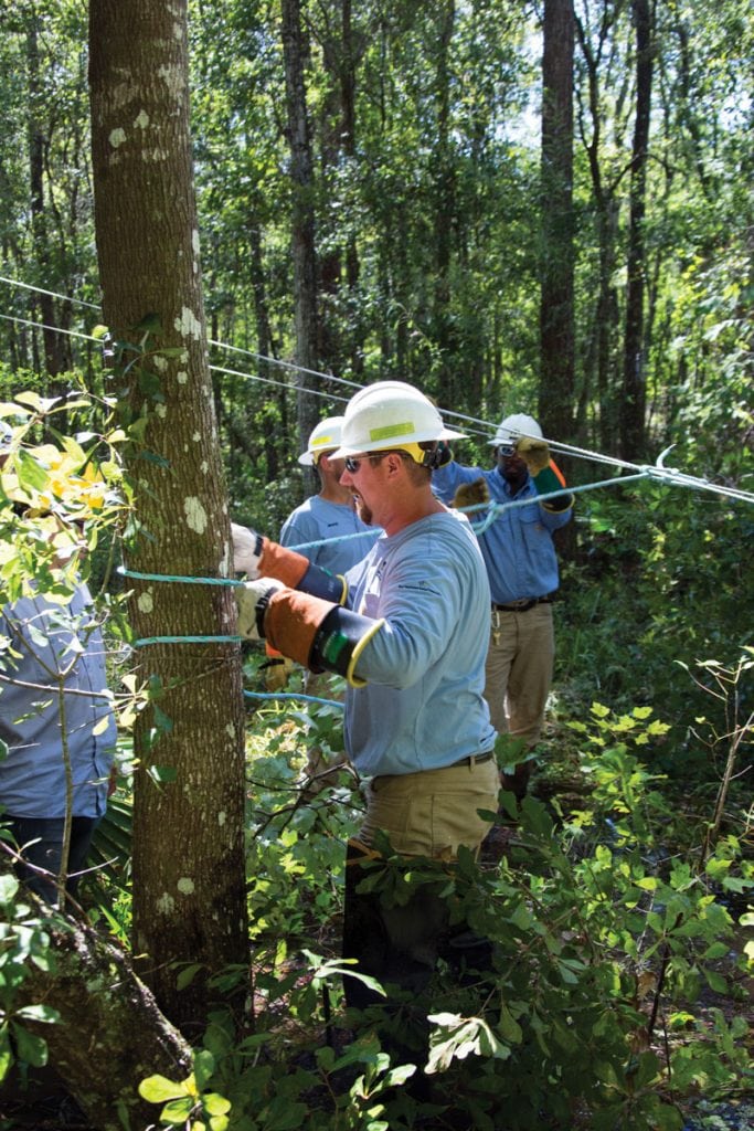 Troy Mitchell of Fayetteville Public Utilities and Cole Woods of Clay Electric Cooperative attach insulators to a new utility pole. (Photograph by Kathy Richardson.) 