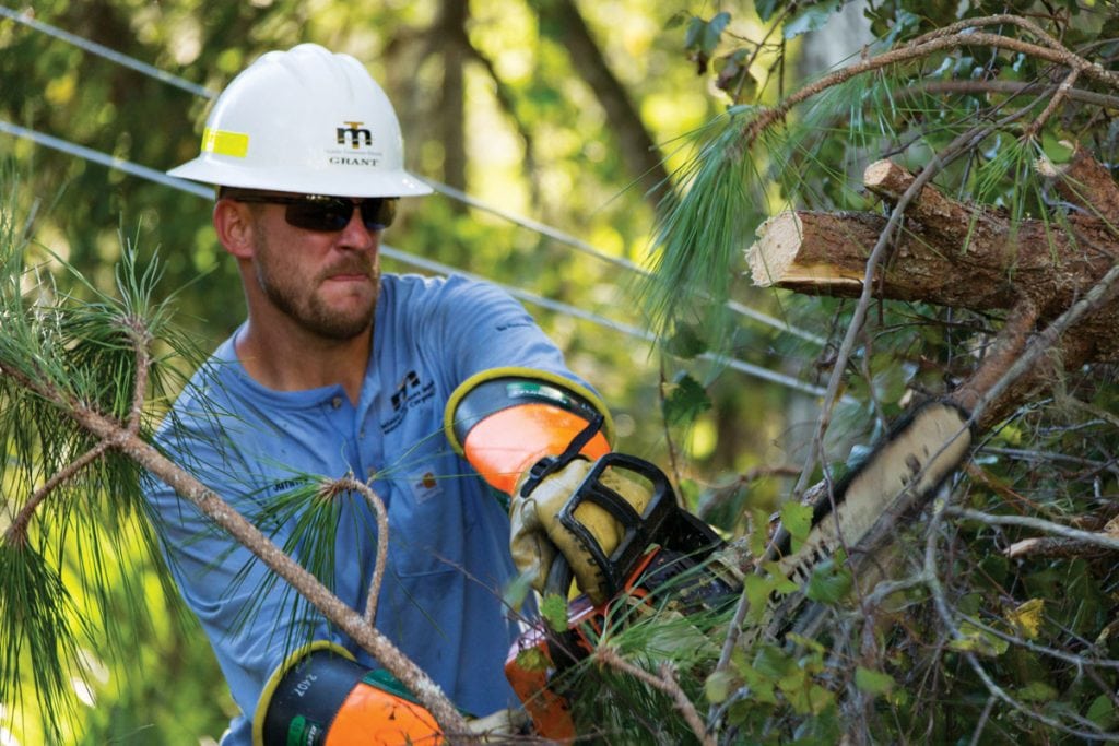 Middle Tennessee EMC’s Jimmy Grant chainsaws a downed tree